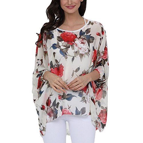 JLTPH Chiffon Böhmen Blusen Damen Boho Blumen Batwing Damenbluse 3/4 Armel Chiffon Bluse T-Shirt Fledermaus (Ohne Weste) von JLTPH