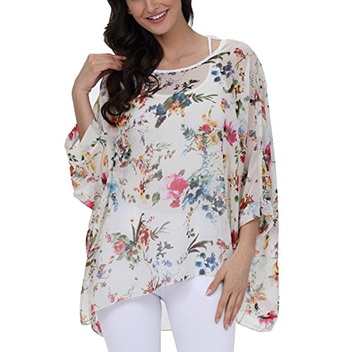 JLTPH Chiffon Böhmen Blusen Damen Boho Blumen Batwing Damenbluse 3/4 Armel Chiffon Bluse T-Shirt Fledermaus (Ohne Weste) von JLTPH