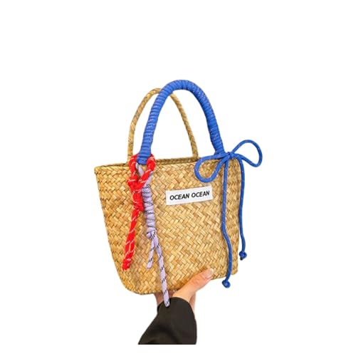 JLTPH Colorblock Stroh Tragetasche - Handgewebte Raffia Strandtasche Mit Griffen, Niedliche Einkaufskorb Handtasche Für Frauen, Sommerurlaub Umhängetasche(Blau) von JLTPH