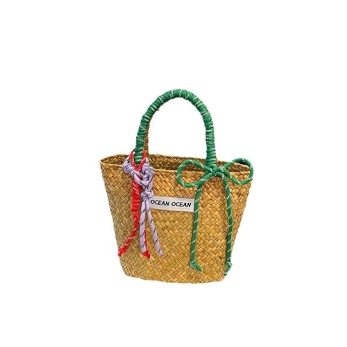 JLTPH Colorblock Stroh Tragetasche - Handgewebte Raffia Strandtasche Mit Griffen, Niedliche Einkaufskorb Handtasche Für Frauen, Sommerurlaub Umhängetasche(Green) von JLTPH