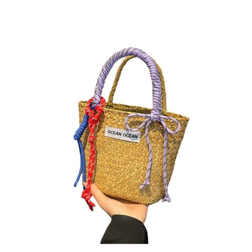 JLTPH Colorblock Stroh Tragetasche - Handgewebte Raffia Strandtasche Mit Griffen, Niedliche Einkaufskorb Handtasche Für Frauen, Sommerurlaub Umhängetasche(Purple) von JLTPH