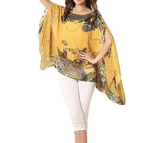 JLTPH Damen Boehmen Blumen Chiffon Blusen Boho Hippie Batwing Hülsen Lose T-Shirt Tunika Top Strand Vertuschen von JLTPH