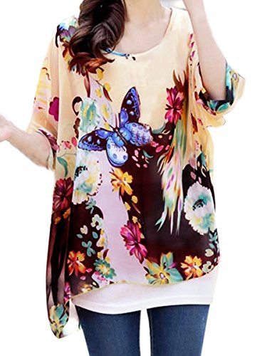 JLTPH Damen Boehmen Blumen Chiffon Blusen Boho Hippie Batwing Hülsen Lose T-Shirt Tunika Top Strand Vertuschen von JLTPH