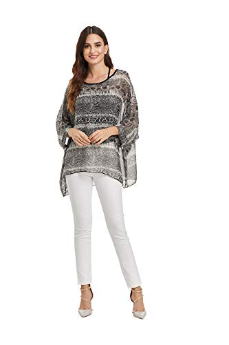 JLTPH Damen Chiffon Böhmen Tunika Blusen Blumen Gedruckt Batwing 3/4 Ärmel Bluse Boho Pull-Over Shirt Fledermaus Tops Bikini Cover up Beachwear (Ohne Weste) von JLTPH