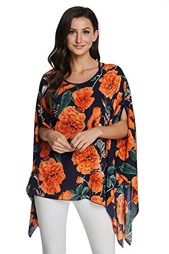 JLTPH Damen Chiffon Böhmen Tunika Blusen Boehmen Blumen Bluse Damen Boho Bluse Batwing Damenbluse Kurzarm Chiffon Shirt Fledermaus Tops (Ohne Weste) von JLTPH