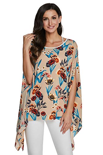 JLTPH Damen Chiffon Böhmen Tunika Blusen Boehmen Blumen Bluse Damen Boho Bluse Batwing Damenbluse Kurzarm Chiffon Shirt Fledermaus Tops (Ohne Weste) von JLTPH