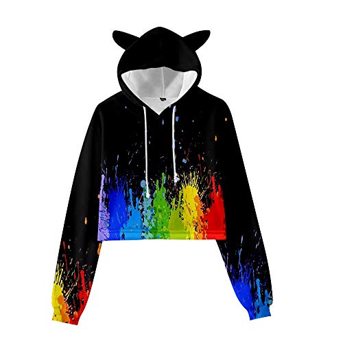 JLTPH Damen LGBT Gay Lesbian Pride Kapuzenpullover mit Katzenohren Mode Langarm Regenbogen Herz Drucken Mädchen Crop Tops Sweatshirt Hoodie Kurz Kapuzenpulli Sportoberteile Streetwear von JLTPH