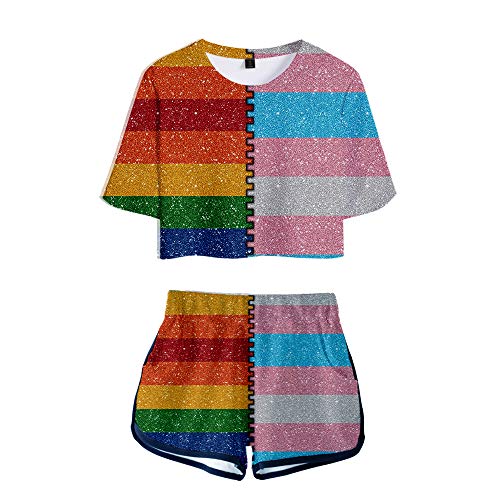 JLTPH Damen LGBT Regenbogen 3D Gedruckt Crop Top T-Shirts und Shorts 2 Stück Anzug Regenbogen Bisexuell Pride Shirt Gay Pride Freizeitanzug Sportanzug Trainingsanzüge Outfits von JLTPH