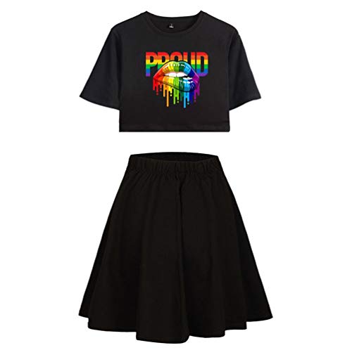 JLTPH Damen LGBT Regenbogen Lippen Proud Gedruckt Crop Top T-Shirts und Rock 2 Stück Anzug Kurzarm Shirt Crop Tops Gay Pride Freizeitanzug Trainingsanzüge Outfits Sommer von JLTPH