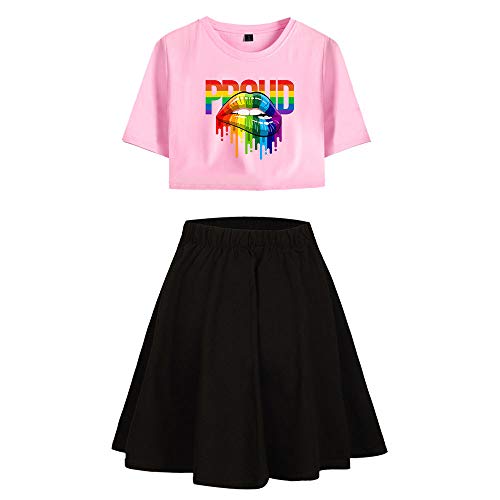 JLTPH Damen LGBT Regenbogen Lippen Proud Gedruckt Crop Top T-Shirts und Rock 2 Stück Anzug Kurzarm Shirt Crop Tops Gay Pride Freizeitanzug Trainingsanzüge Outfits Sommer von JLTPH