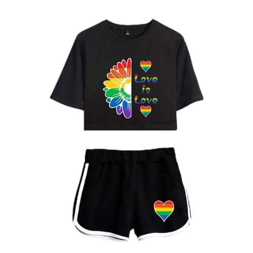 JLTPH Damen Love is Love LGBT Gay Regenbogen Crop Top T-Shirts und Shorts 2 Stück Anzug Regenbogen Bisexuell Pride Color Style Shirt Gay Pride Freizeitanzug Sportanzug Outfits Sommer von JLTPH