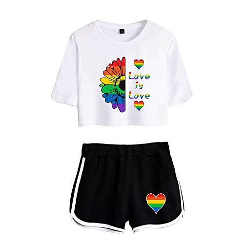 JLTPH Damen Love is Love LGBT Gay Regenbogen Crop Top T-Shirts und Shorts 2 Stück Anzug Regenbogen Bisexuell Pride Color Style Shirt Gay Pride Freizeitanzug Sportanzug Outfits Sommer von JLTPH