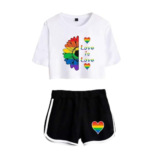 JLTPH Damen Love is Love LGBT Gay Regenbogen Crop Top T-Shirts und Shorts 2 Stück Anzug Regenbogen Bisexuell Pride Color Style Shirt Gay Pride Freizeitanzug Sportanzug Outfits Sommer von JLTPH