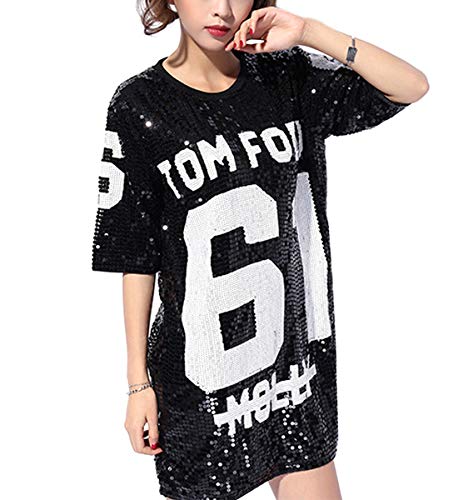 JLTPH Damen Pailletten Lose Beiläufiges T-Shirt Bluse Buchstaben Druck Jazz Dance Kleid Sparkle Tunika Hemd Hip Hop Kostüm Dancewear Oberteil Tops von JLTPH