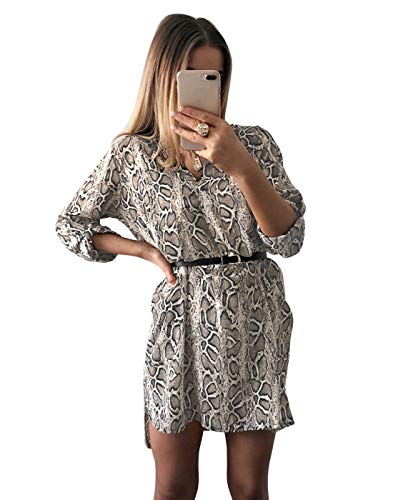 JLTPH Frauen V-Ausschnitt Langärmliges Schlangenleder Leopardenmuster Hemdkleid Kurzes Kleid ohne Gürtel Casual T-Shirt Tops Bluse Minikleid Tunikakleid Strand Sundress Kleid von JLTPH