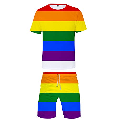 JLTPH Herren LGBT Rainbow Flag 3D Gedruckt Kurzarm T-Shirt und Kurze Hose 2 Stücke Einstellen Beiläufig Sommer Fitness Kleidung Sportbekleidung von JLTPH