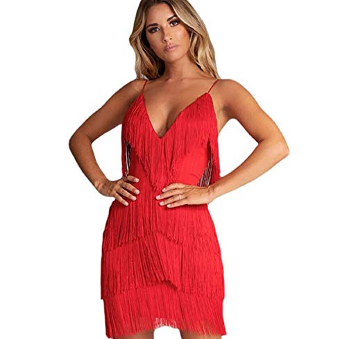 JLTPH Kleid Damen Fransenkleid Spaghettibügel V-Ausschnitt Jahre Retro Stil Great Gatsby Cocktail Party Fasching Kostüm Kleid Sundress Strandkleid von JLTPH