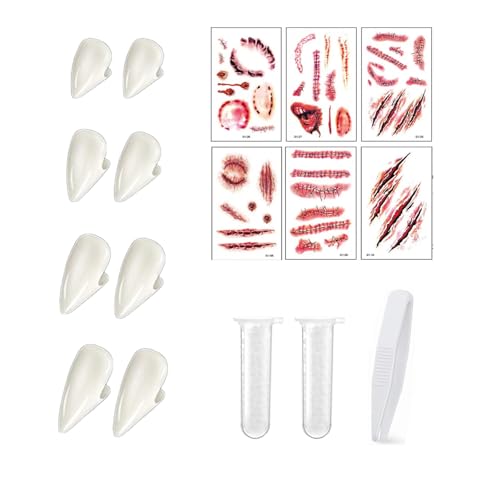 JLTXKST 4 Paar Halloween Vampirzähne Gebiss Fangs,KleberGefälscht Zähne mit Pellets Kleber und 6 Aufkleber, Verwendung für Halloween Party Dress Up Accessories JLTXKST 4 Paar Halloween Vampirzähne Gebiss Fangs,KleberGefälscht Zähne mit Pellets Kleber und 6 Aufkleber, Verwendung für Halloween Party Dress Up Accessories von JLTXKST