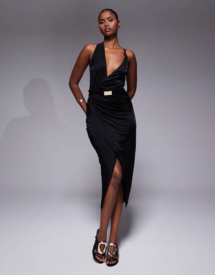 JLUXLABEL - Anniversary - Gewickeltes Midaxi-Kleid in Schwarz mit Gürtel von JLUXLABEL