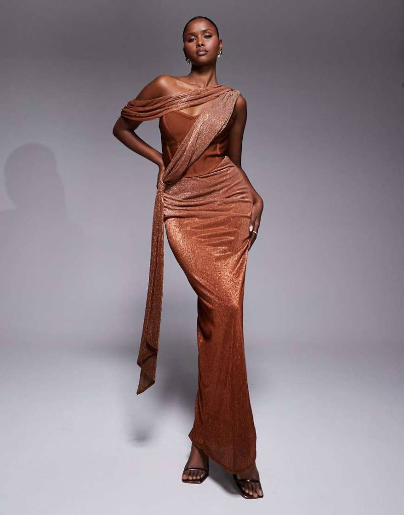 JLUXLABEL - Celestina - Drapiertes Korsett-Maxikleid in schimmerndem Bronze-Goldfarben von JLUXLABEL