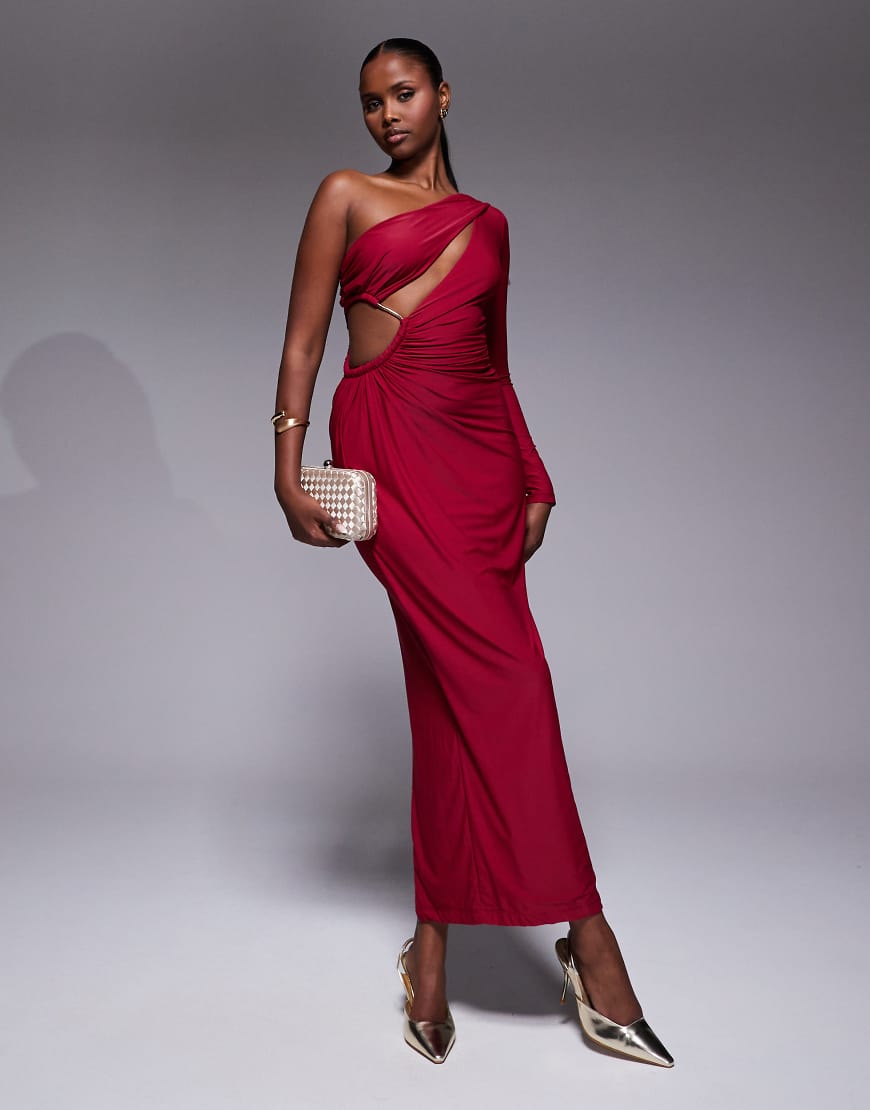 JLUXLABEL - Jorgia - Figurbetontes Maxikleid in Rot mit Cut-out und einem Ärmel von JLUXLABEL