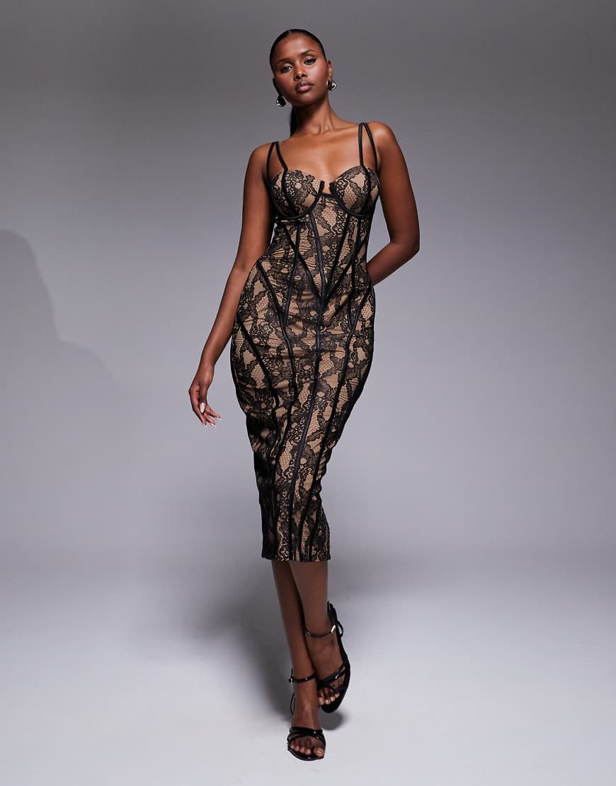 JLUXLABEL - Katerina - Midikleid in Schwarz mit kontrastierender Spitze und Stäbchen-Einsatz am Oberteil von JLUXLABEL