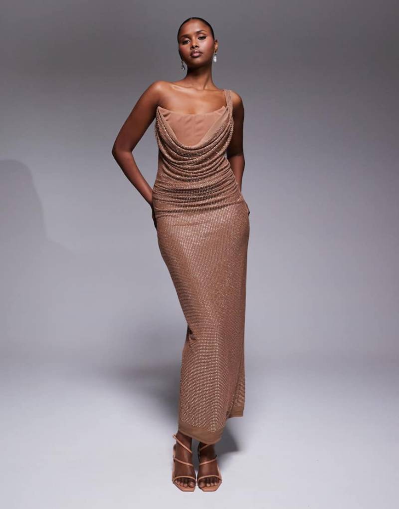 JLUXLABEL - Krishna - Maxikleid in Pekannuss-Braun mit Wasserfallausschnitt und Strassbesatz-Brown von JLUXLABEL