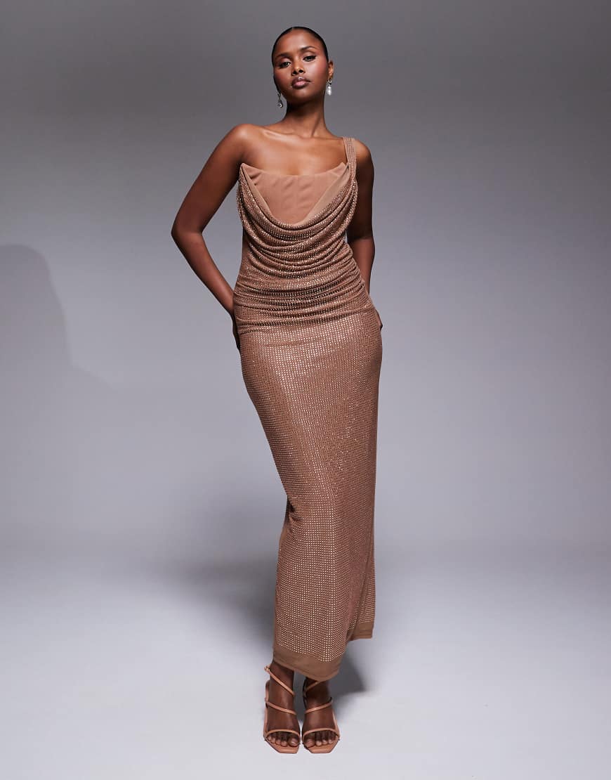 JLUXLABEL - Krishna - Maxikleid in Pekannuss-Braun mit Wasserfallausschnitt und Strassbesatz-Brown von JLUXLABEL