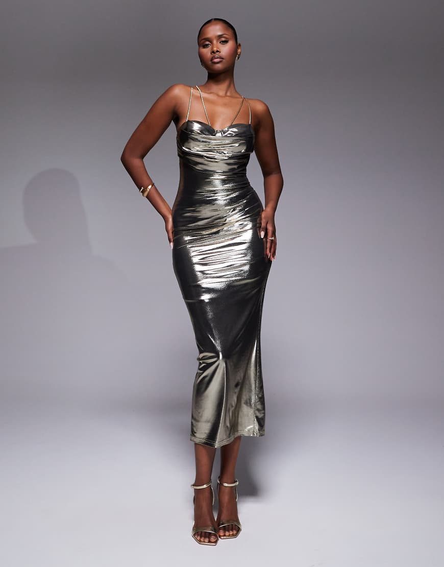JLUXLABEL - Visions Of You - Bustier-Midikleid in Metallic-Silber mit Wasserfallausschnitt von JLUXLABEL