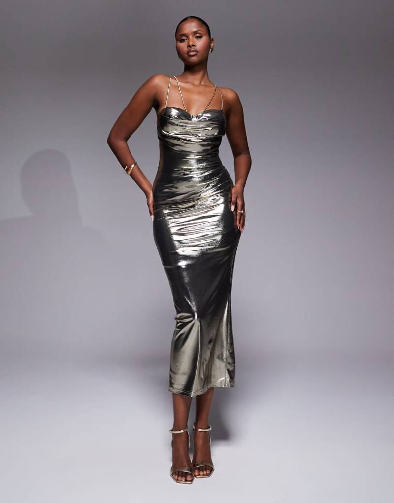 JLUXLABEL - Visions Of You - Bustier-Midikleid in Metallic-Silber mit Wasserfallausschnitt von JLUXLABEL