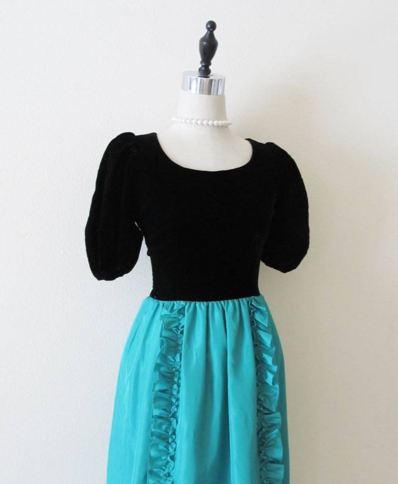 Aqua Und Schwarze Samt Party Abendkleid/Vintage Schöne Stilvolle Formelle Brautjungfer Cocktailkleid Frau Größe Xs von JLVintage