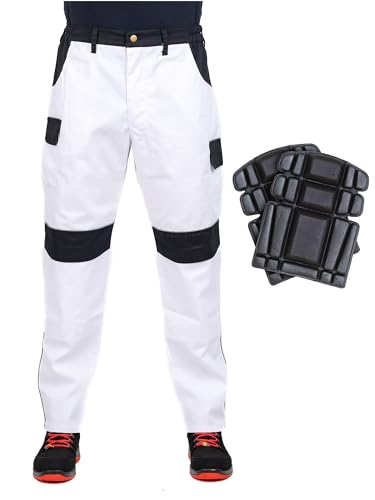 JM Workwear Arbeitshose + Knieschützer Arbeitshose Weiß Multifunktion Bundhose Arbeitskleidung (50) von JM Workwear