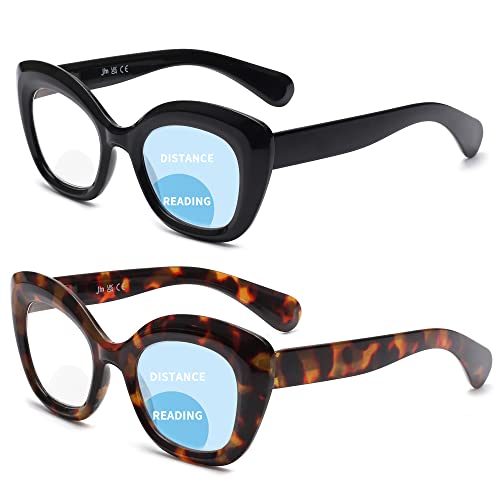 JM 2-Pack Cat-Eye Bifocal Lesebrille für Frauen, Blaues Licht Blocking Computer Leser mit Federscharnier, Schwarz & Schildkröte +1.0 von JM