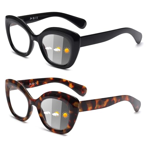 JM 2 Pack Photochrome Lesebrille für Frauen, Katzenauge Blaulicht Blockieren Federscharnier Computer Sonnenbrille,Schwarz Schildkröte +1.0 von JM