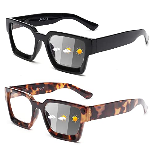 JM 2-Pack Photochrome Lesebrille für Frauen, Quadratisches Blaues Licht Blockierende Computer-Leser-Sonnenbrille, Frühlingsscharnier, Schwarze Schildkröte +1.0 von JM