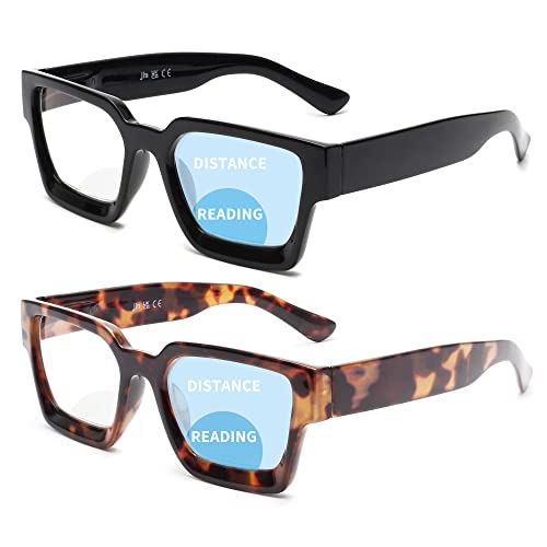 JM 2-Pack Quadratische Bifokale Lesebrille für Frauen, Blaues Licht Blockierende Computer-Leser mit Federscharnier, Schwarz-Schildkröte +2.5 von JM