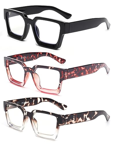JM 3 Pack Quadratische Lesebrille für Frauen Männer, Übergroße Rechteck Federscharnier Leser Blaues Licht Blockiert +4.0 von JM
