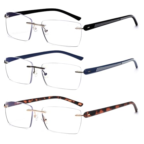 JM 3 Pack Randlose Lesebrille für Männer Blaues Licht Blocking, Rechteck Leichtes Rahmenlose Computer-Lesegeräte +1.5 von JM