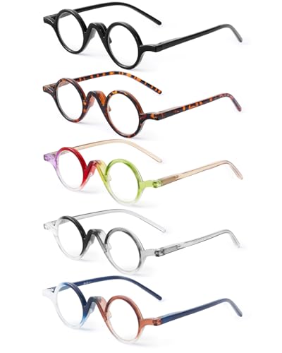 JM 5er Pack runde Lesebrillen für Frauen Männer, Vintage Small Blue Light Blocking Computer Readers mit Federscharnieren + 2.25 von JM