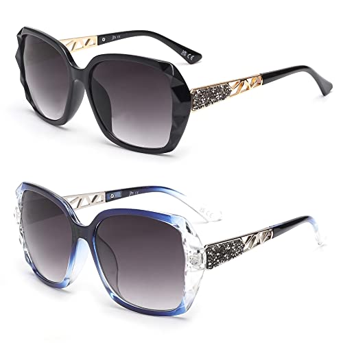 JM Übergroße quadratische Sonnenbrille mit funkelndem Verbundwerkstoff Glänzender Rahmen, Sonnenbrille für Frauen UV-Schutz Outdoor, Schwarz + transparentes Blau von JM