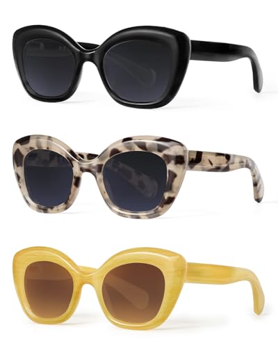 JM Völlig Vergrößerte Sonnenbrille mit Sehstärke Damen mit Federscharnier, Mode Katzenauge Lesebrille mit UV-Schutz 3 Pack +2.0 von JM