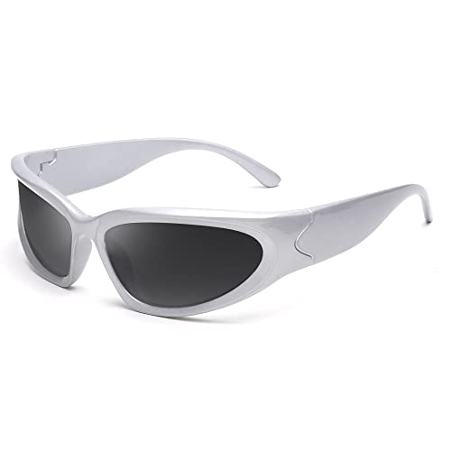 JM Wrap Around Y2K Fashion Sonnenbrille für Herren Damen Trendige Futuristische Sportliche Ovale Sonnenbrille Silber/Grau von JM