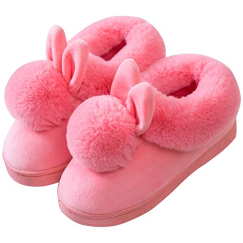 JMAHM Home Shoes Baumwolle Hausschuhe Memory PVC Damenschuhe Plüsch Kaninchen Pompon rutschfest Indoor und Outdoor, Pink - rose - Größe: 37/37.5 EU von JMAHM