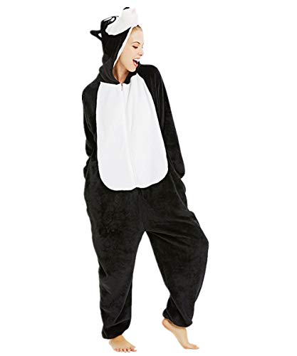 JMAHM Schlafoveralls Tier Schlafanzug Cosplay Jumpsuit Pyjamas Flanell (Schwarze Huskys, Körpergröße 166-175cm (L)) von JMAHM