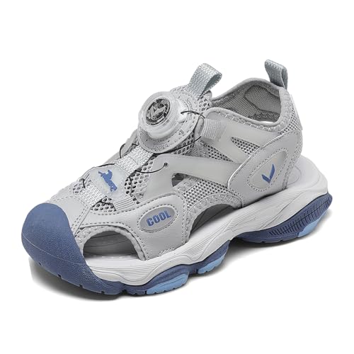 JMFCHI SPORTS Unisex Kinder Sandalen Jungen Mädchen Atmungsaktive Leichte Sommerschuhe mit Drehknopf-Schnürung Grau Gr. 38 von JMFCHI SPORTS