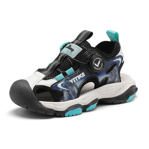 JMFCHI SPORTS Unisex Kinder Sandalen Jungen Mädchen Atmungsaktive Leichte Sommerschuhe mit Drehknopf-Schnürung Schwarz Weiß Blau Gr. 31 von JMFCHI SPORTS