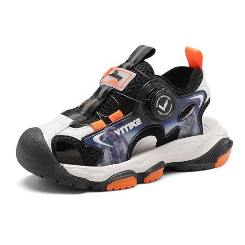 JMFCHI SPORTS Unisex Kinder Sandalen Jungen Mädchen Atmungsaktive Leichte Sommerschuhe mit Drehknopf-Schnürung Schwarz Weiß Orange Gr. 38 von JMFCHI SPORTS