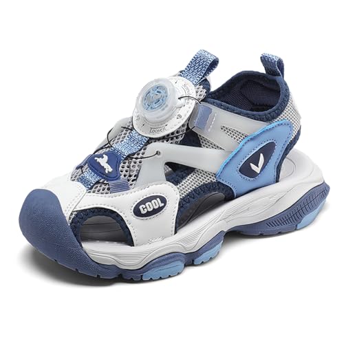 JMFCHI SPORTS Unisex Kinder Sandalen Jungen Mädchen Atmungsaktive Leichte Sommerschuhe mit Drehknopf-Schnürung Weiß Grau Blau Gr. 39 von JMFCHI SPORTS