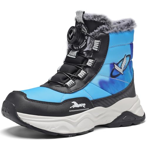 JMFCHI SPORTS Unisex Kinder Schneestiefel Jungen Winterschuhe Mädchen Wasserdicht Rutschfest Warme Wanderschuhe Blau Schwarz Gr. 34 von JMFCHI SPORTS