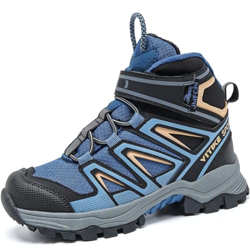 Winterschuhe Kinder Schneestiefel Jungen Warm Gefütterte Mädchen Wanderstiefel Mid Trekkingschuhe Outdoor rutschfest Schwarz Blau gr 35 von JMFCHI